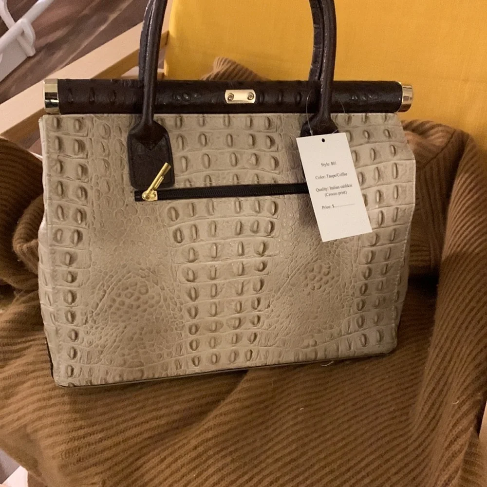Croc Embossed Italian Leather Satchel in Taupe
